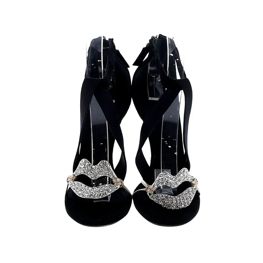 2019 GIAMBATTISTA VALLI x H&M Suede Black Crystal Lips Sandals Heels - EU 8/US 7